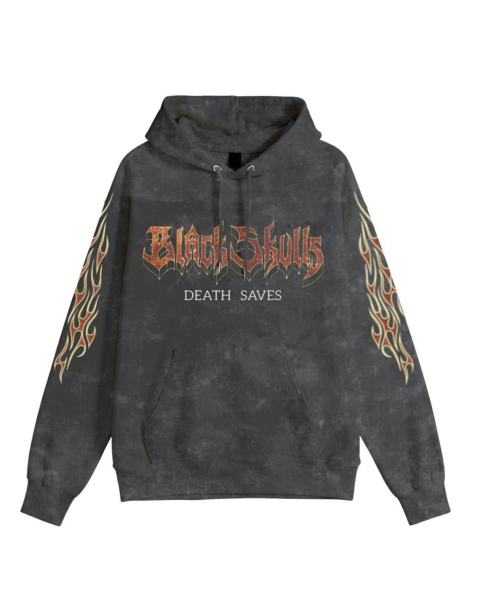 Black Skulls Hoodie With Flame And Bat Wing Design