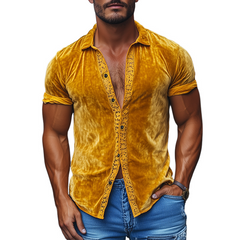 Men's Spring Fashion Sexy Lace Splicing Velvet Slim Fit Short Sleeve Shirt MTA2641C1K