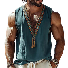 Men's Summer V-neck Vintage Embroidered Tank Top MTA0946D5U