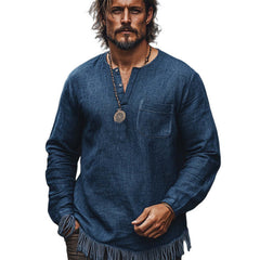 Men's Vintage Navy Blue Small V-Neck Cotton And Linen Tassel Casual T-Shirt MTA1456C4U