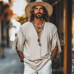 Men's Casual Khaki Loose Deep V Neck Tassel T-Shirt MTA1704C0U