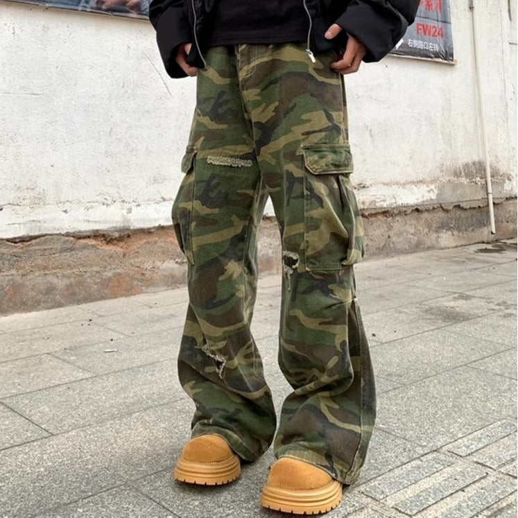 Camouflage Cargo Pants with Distressed Details for Men