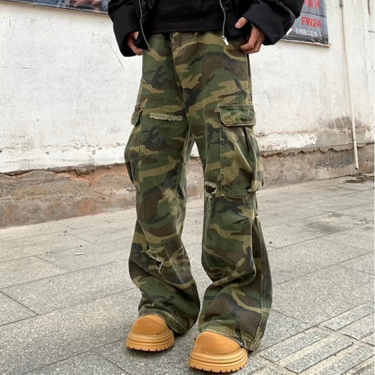 Camouflage Cargo Pants with Distressed Details for Men