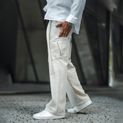 Men's Solid Cotton And Linen Mid Waist Straight Casual Pants MTA0179D8Z