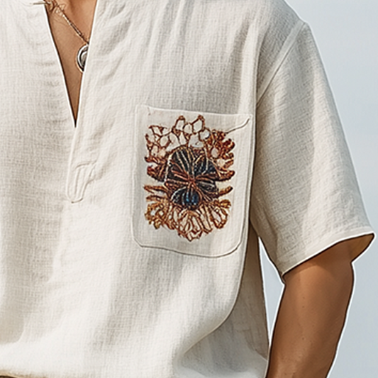 Men's Spring And Summer Casual V-neck Cotton And Linen Embroidered Short-sleeved T-shirt MTA2017C1K