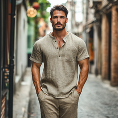 Men's Casual Linen Henley Collar Patch Pocket Loose Short Sleeve Shirt MTA2157C7M