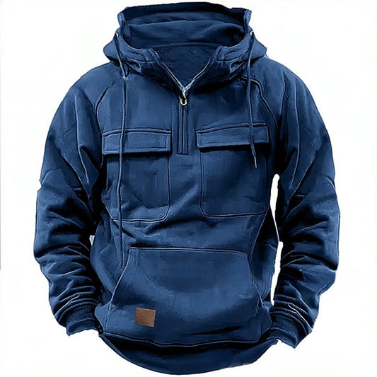 Men's Vintage Thickened Warm Multi-pocket Loose Long Sleeve Hoodie 30799636M