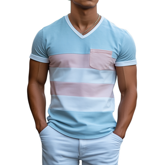 Men's Personalized Casual V-neck Bright Suede Stitching Short-sleeved T-shirt MTA0803D8K