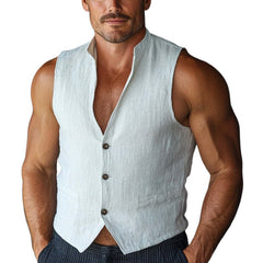 Men's Pure White Stand Collar Cotton And Linen Three-button Vest MTA1472C0U