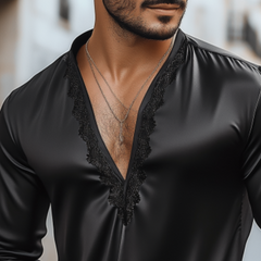 Men's Casual Sexy Lace And Satin Stitching Deep V Neck Long Sleeve Shirt MTA1732C2K