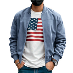 Men's Solid Color Fleece Zip Jacket - Casual Retro Long-Sleeve Cardigan Coat