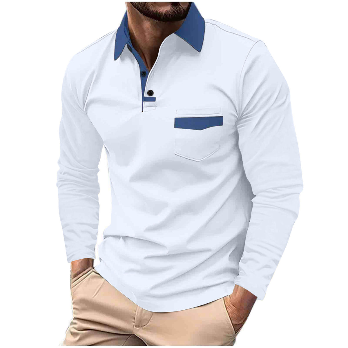 Men's Stylish Long Sleeve Polo Shirt With Contrast Collar And Pocket Design