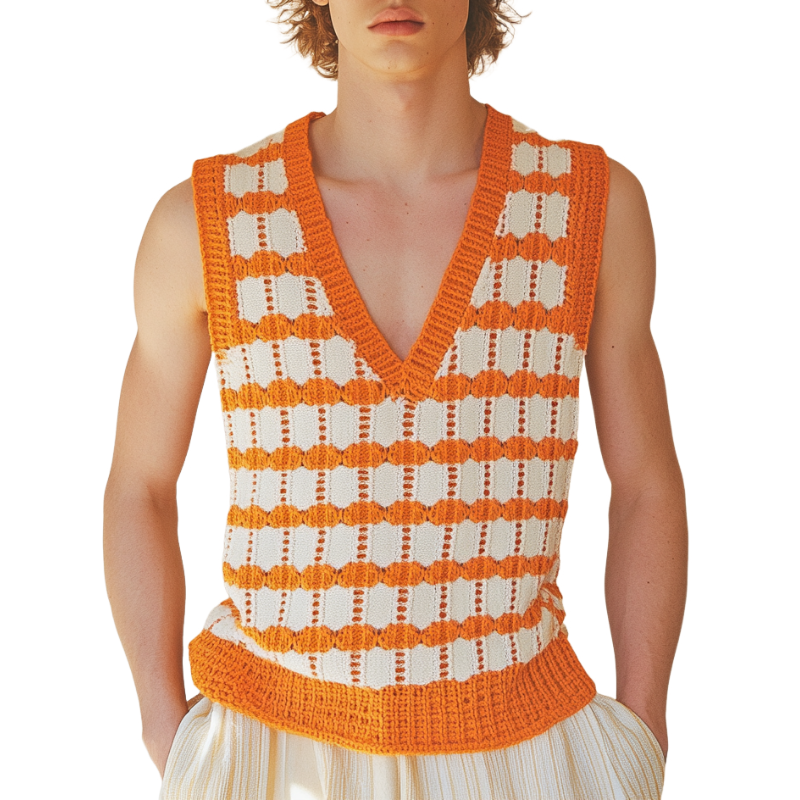 Men's Casual V-Neck Plaid Jacquard Knitted Tank Top MTA0728D1M