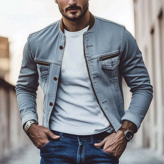 Men's Spring And Autumn Vintage Gray Washed Denim Jacket MTA2231C8U