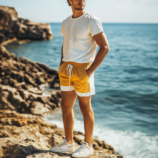 Men's Spring Fashion Casual Contrast Color Stitching Elastic Waist Suede Beach Shorts MTA0352D4K