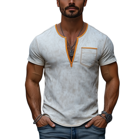 Men's Fashion Slim Casual Deep V-Neck Textured Suede Short Sleeve T-Shirt MTA0312D4K