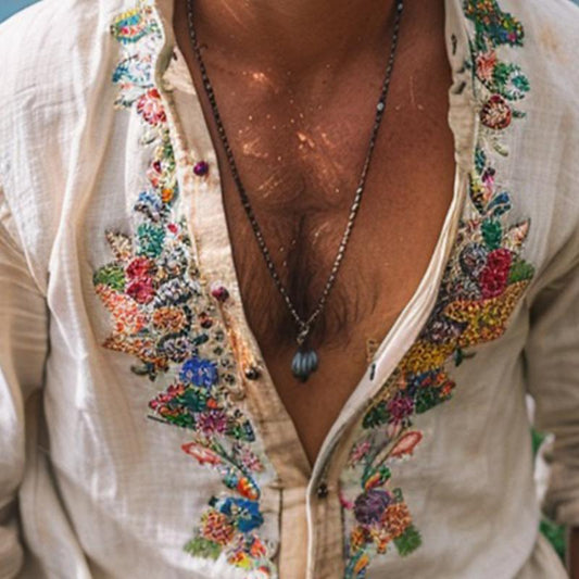 Men's Casual Vintage Embroidered Long Sleeve Shirt 42024025TO