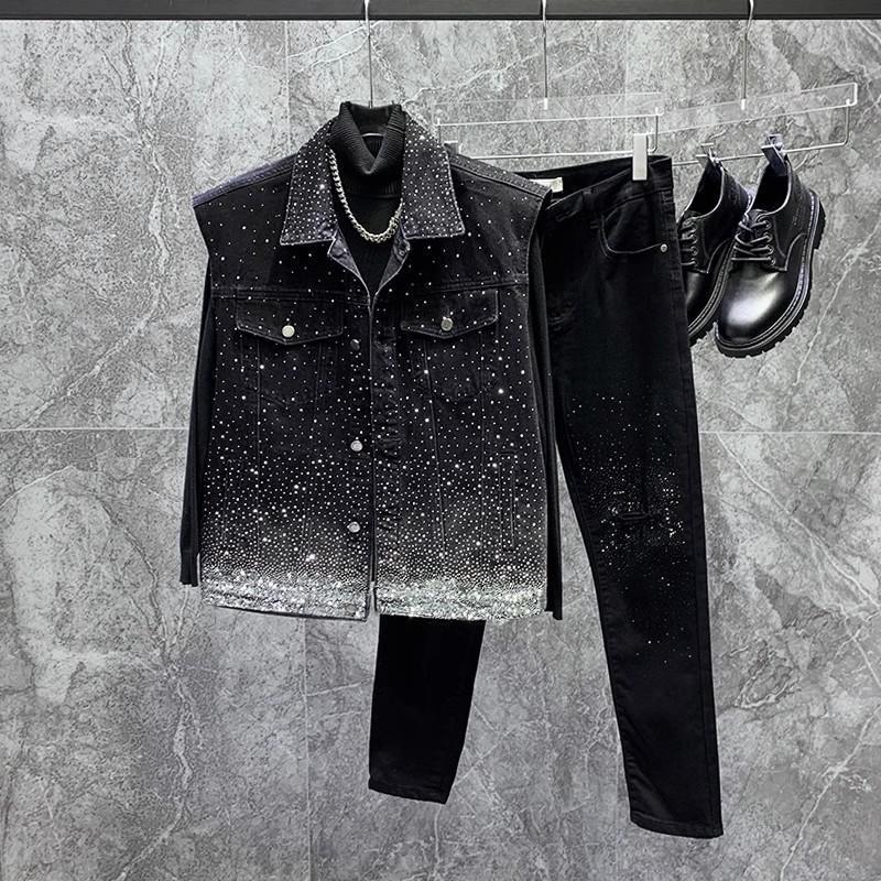 Sparkling Black Denim Jacket and Pants Set - Perfect for Night Out and Fashion Events