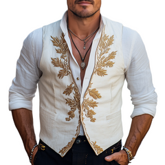Men's Vintage Gold Embroidered Cotton And Linen Vest MTA2778C6U