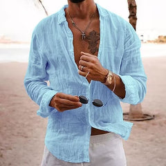 Solid Color Lapel Shirt for Men - Casual Style, Long-Sleeve Cotton-Linen Blend