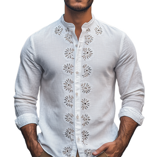 Men's Spring Fashion Retro Stand Collar Embroidered Cotton And Linen Long Sleeve Shirt MTA3135C0K
