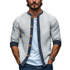 Men's Spring Fashion Classic Retro Cotton And Linen Splicing Long Sleeve Shirt MTA2776C7K