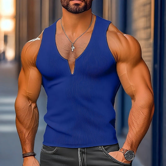 Men's Summer Knitted Waffle-Knit Tank Top: Slim-Fit, Athletic & Casual, V-Neck With Broad Shoulders