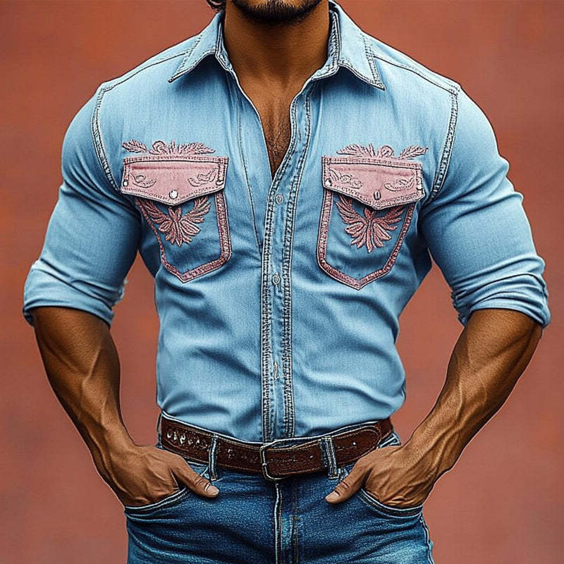 Men's Vintage Western Cowboy Distressed Embroidered Shirt MTA2748C5U