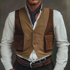 Men's Three-Button Brown Suede Colorblock Vest MTA0265D8U
