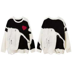 Distressed Heart Patch Sweater - Trendy And Cozy For Casual Wear