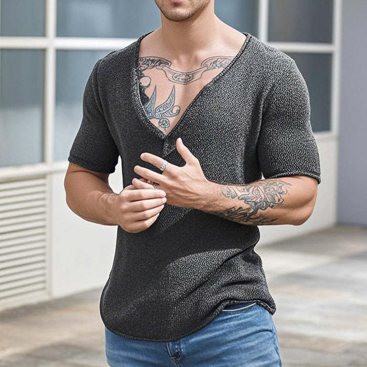 Men's Casual Solid Color V-Neck Slim Short Sleeve Knitted Sweater T-Shirt MTA3138C7M