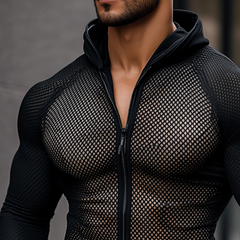 Men's Retro Casual Mesh Fabric Splicing Hooded Zipper Sports Long Sleeve T-Shirt MTA2578C3TO