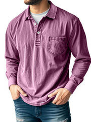 Men's Casual Long Sleeve Button-Up Polo Shirt with Chest Pocket