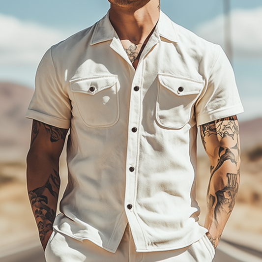 Men's Spring Fashion Casual Suede Short Sleeve Shirt Length To Knee Shorts Set MTA0322D2K