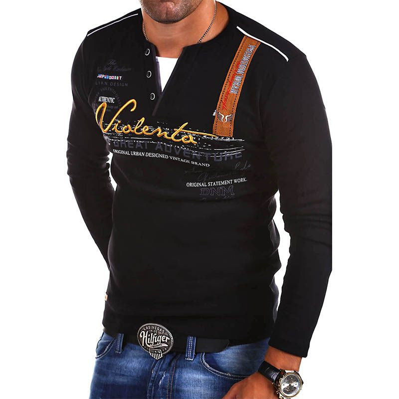 Stylish Long Sleeve Henley Shirt with Embroidered Details for Men