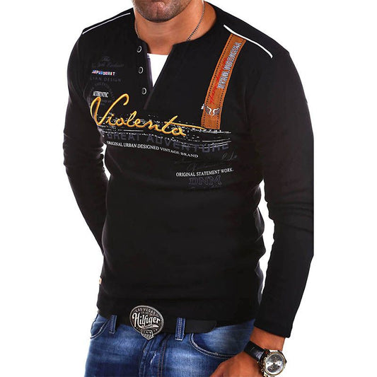 Stylish Long Sleeve Henley Shirt with Embroidered Details for Men
