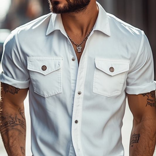 Men's Classic Casual Solid Color Slim Fit Multi-Pocket Short Sleeve Shirt 39582391K