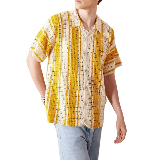 Men's Casual Contrast Striped Lapel Single-breasted Knitted Short-sleeved Cardigan 15155943M