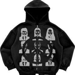 Hooded Sweatshirt with Bold Graphic Design and Zip-Up Closure