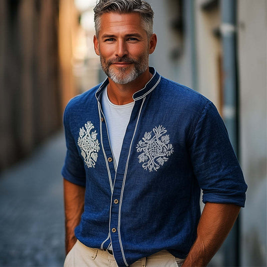 Men's Casual Navy Blue Cotton And Linen Vintage Embroidered Long-Sleeved Shirt MTA2124C5U