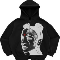 Hooded Sweatshirt with Bold Graphic Design and Zip-Up Closure