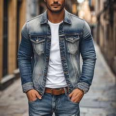Men's Vintage Denim Heavy Wash Lapel Single Breasted Slim Fit Jacket MTA0222D8M