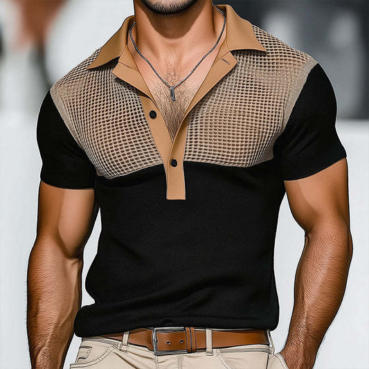 Men's Retro Hollow Knitted Patchwork Short-Sleeved Polo Shirt MTA0764D5TO