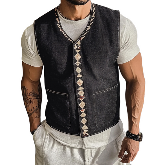 Men's V Neck Embroidered Denim Vest MTA2763C8X