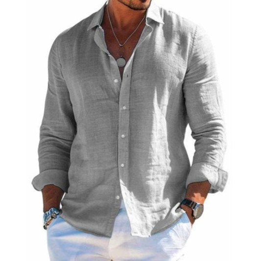 Men's Cotton And Linen Casual Solid Color Lapel Shirt 31793795X