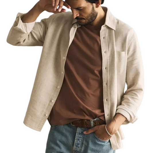 Men's Casual Apricot Cotton And Linen Long-sleeved Shirt 70178910U