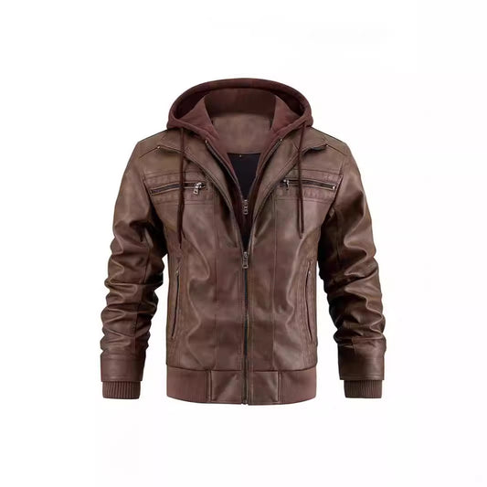 Stylish Hooded Leather Jacket For Men - Perfect For Casual And Outdoor Adventures