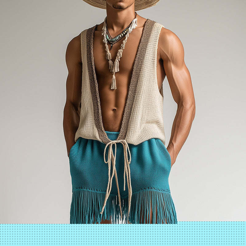 Men's Spring Fashion Towel Cloth Lace Up Sleeveless Shorts Set MTA0845D6P