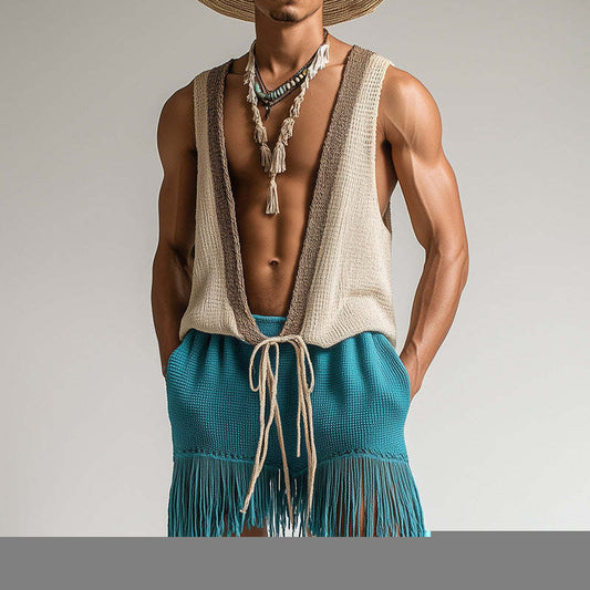Men's Spring Fashion Towel Cloth Lace Up Sleeveless Shorts Set MTA0845D6P