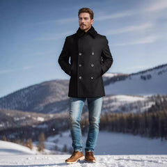 Winter Essential Pea Coat with Faux Fur Collar for Men